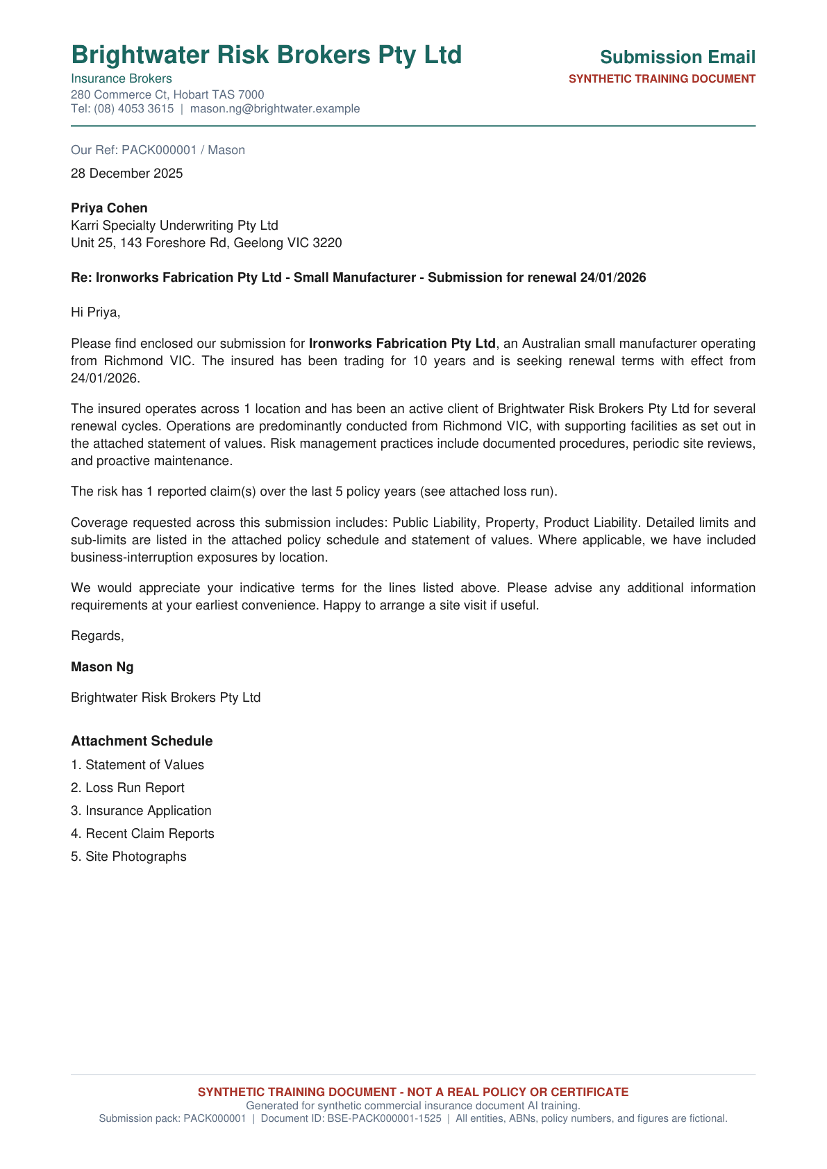 RCA Insurance Library sample: Broker submission email