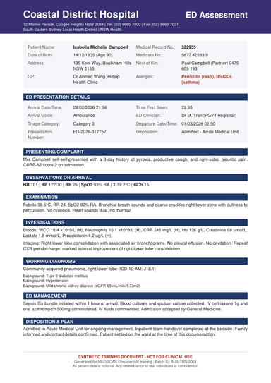 Synthetic emergency department assessment specimen
